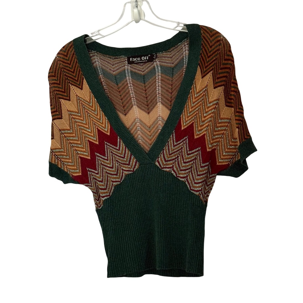Y2k Crochet Knit Chevron Cinch Waist Top Metallic‎ Boho 70s Teal - Medium